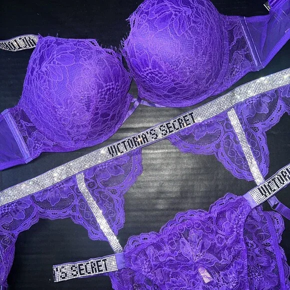 Victoria's Secret 36D BOMBSHELL BRA SET+garter+M panty neon Purple SHINE STRAP